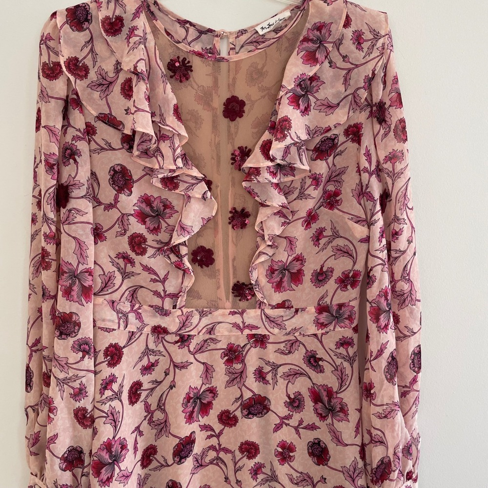 For Love and Lemons Floral Mesh Ruffle Agnes Mini Dress Pink Burgundy Sleeve L - Picture 13 of 16